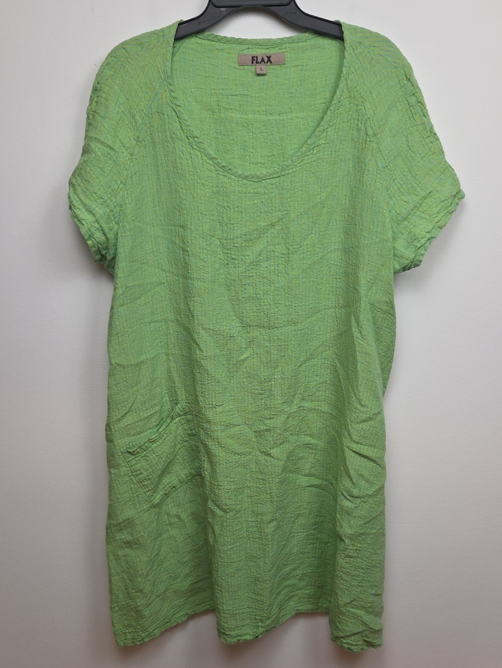FLAX 100% Linen Green & Blue Striped Short Sleeve Midi Pocket Tunic Dress Large